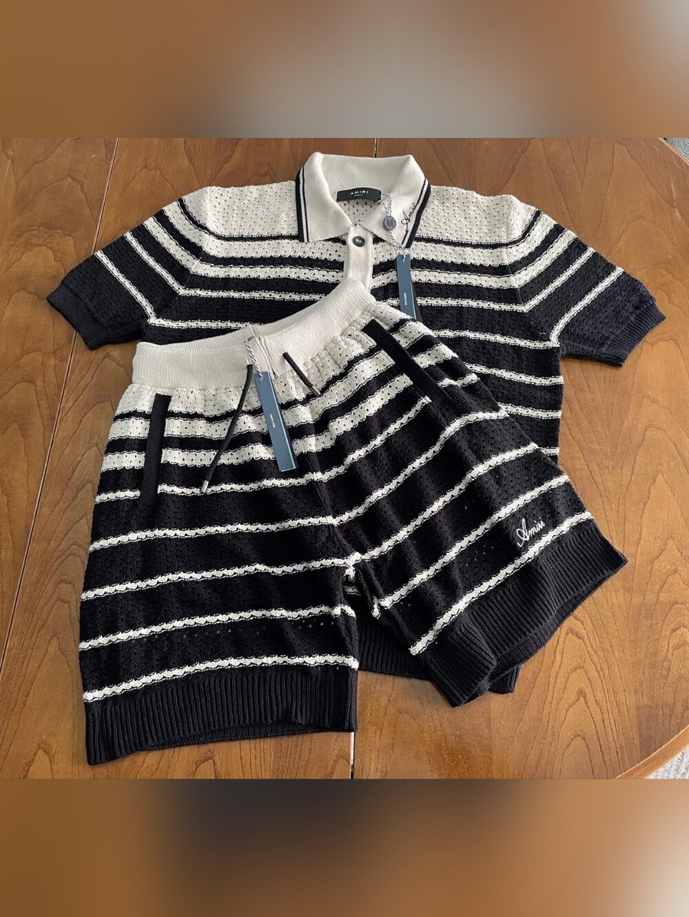AMIRI Men's Black & White Striped Knit Shirt & Shorts Set - Size L